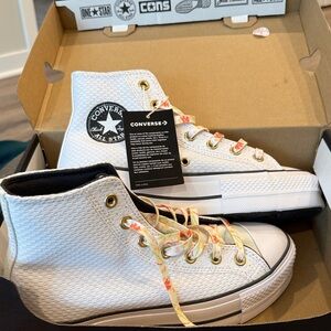 Converse White Textured High-Tops with Colorful Laces